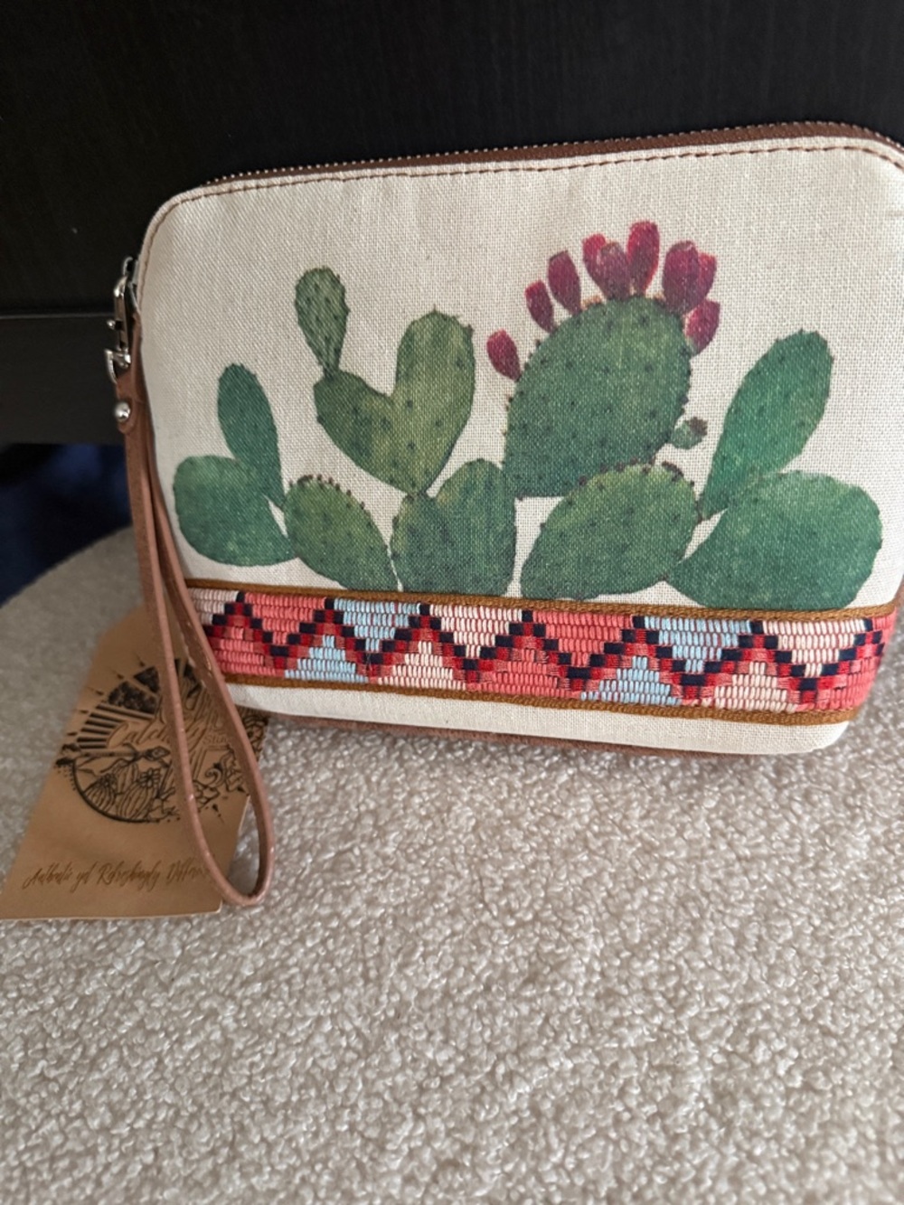 Catchfly Ladies Prickly Pear Cactus  Print Wristlet Clutch in Green & Cream